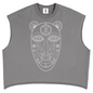 Gray sleeveless shirt with white text on a white background