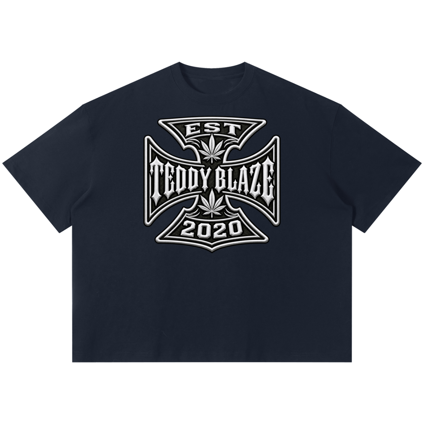 Shop the DaCruz Boxy Tee by Teddy Blaze. 220 GSM cotton-poly oversized drop-shoulder t-shirt with iron cross gothic emblem from TOPS BY TEDDY BLAZE.