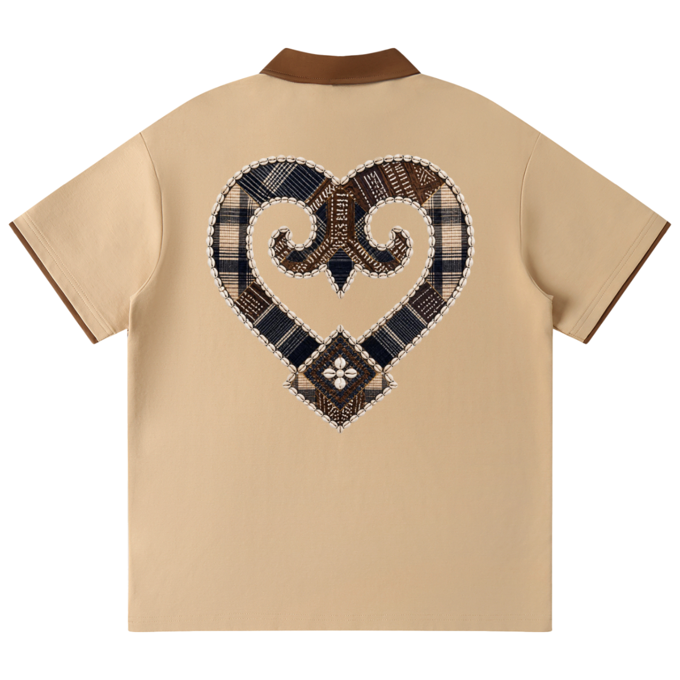 A beige short-sleeve polo shirt shown from the back, featuring a large heart-shaped patchwork graphic in navy, brown, and beige plaid patterns on the back, with a contrasting brown collar.