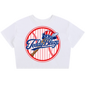 A white short-sleeve crop top t-shirt featuring a circular 'Teddy Blaze' baseball graphic on the front, displayed against a solid white background.