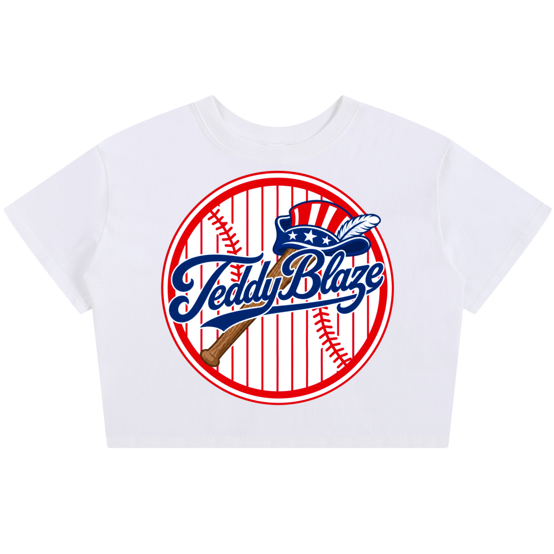 A white short-sleeve crop top t-shirt featuring a circular 'Teddy Blaze' baseball graphic on the front, displayed against a solid white background.