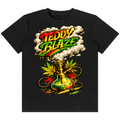 A black short-sleeve crewneck t-shirt featuring a colorful graphic print of a hookah with cannabis leaves and the text 'TEDDY BLAZE' in red, yellow, and green.