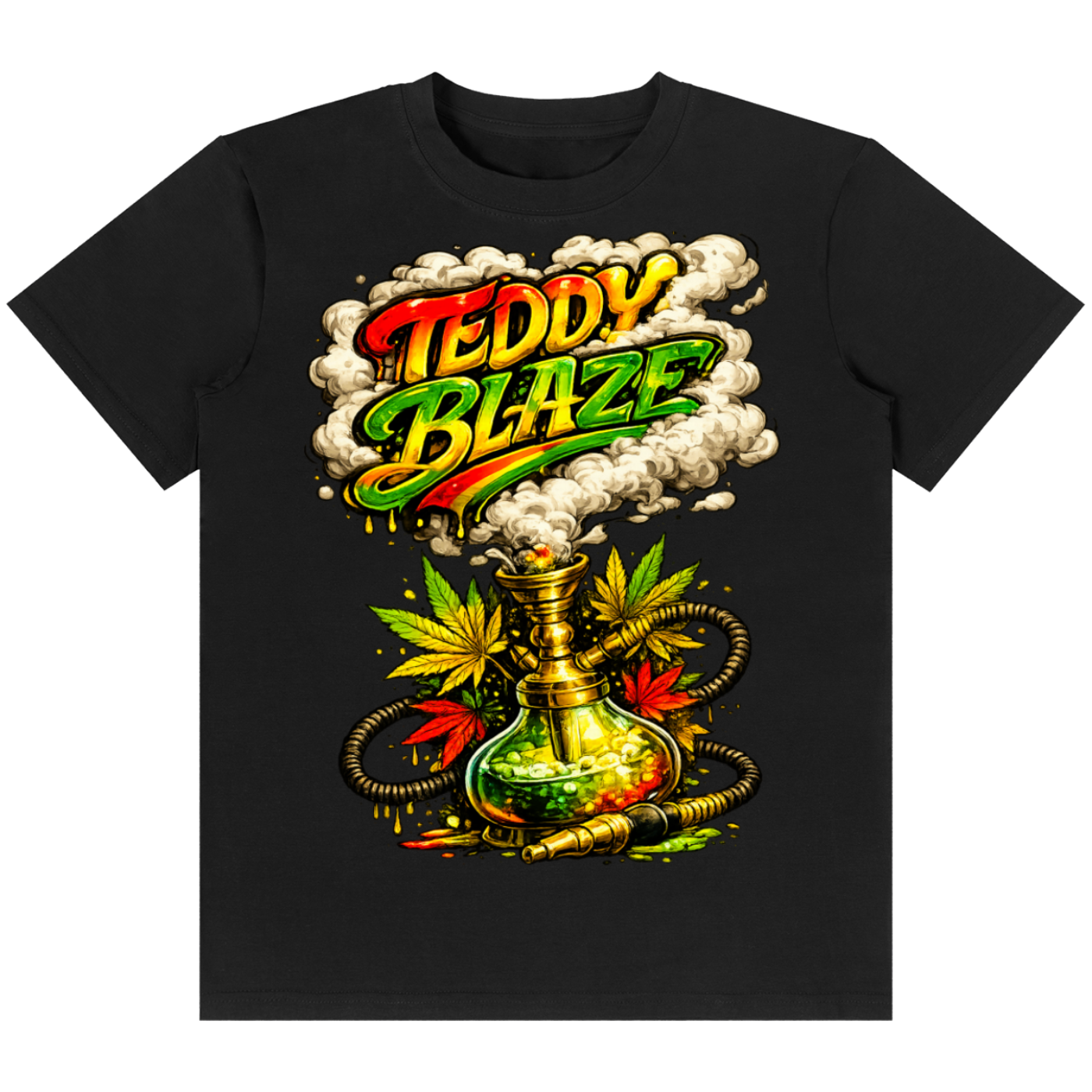 A black short-sleeve crewneck t-shirt featuring a colorful graphic print of a hookah with cannabis leaves and the text 'TEDDY BLAZE' in red, yellow, and green.