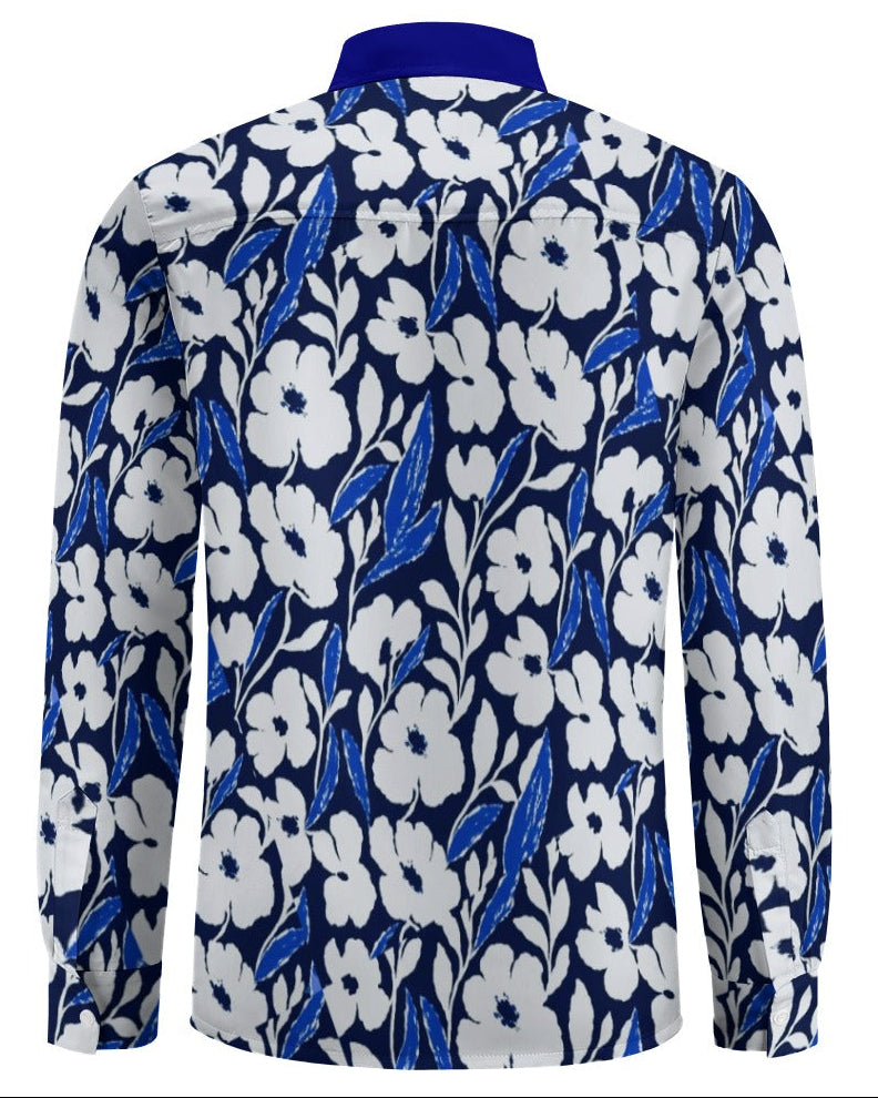 Shop the Iron + Ivy Garden Azure Peach Velvet Shirt by Teddy Blaze. Long sleeve peach velvet button-down featuring a white and royal blue floral print with a contrast azure collar.