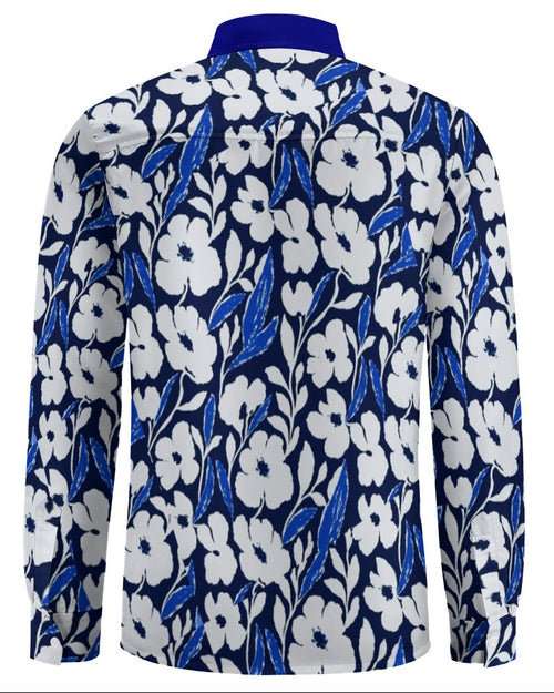 Shop the Iron + Ivy Garden Azure Peach Velvet Shirt by Teddy Blaze. Long sleeve peach velvet button-down featuring a white and royal blue floral print with a contrast azure collar.