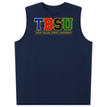 A sleeveless navy blue tank top featuring a colorful 'TBSU' graphic on the chest with 'TEDDY BLAZE STREET UNIVERSITY' printed underneath in yellow.