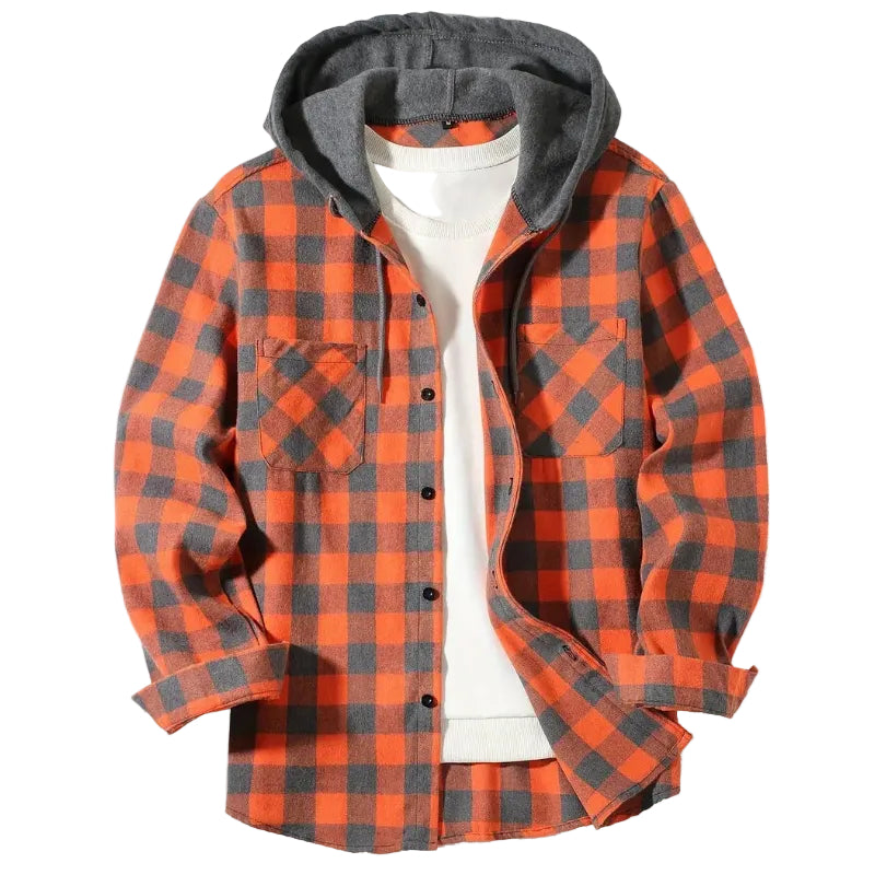 Shop the Iron + Ivy Buffalo Plaid Hooded Flannel Shirt by Teddy Blaze. Heavyweight cotton buffalo check button-down featuring an integrated contrast grey fleece hood and dual flap chest pockets.