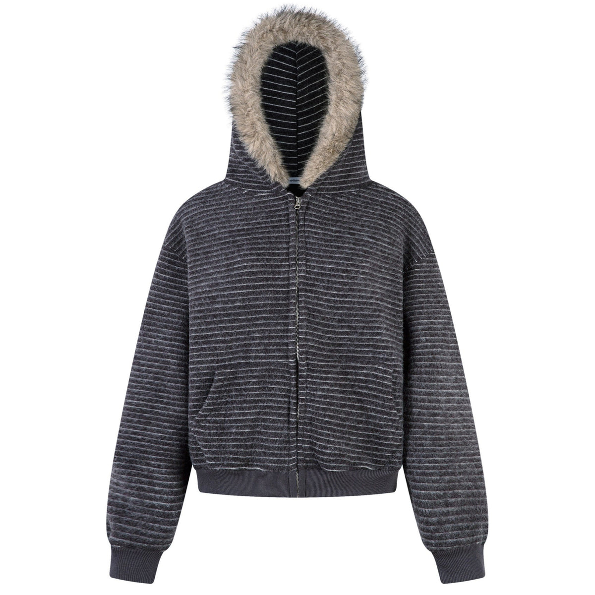 Shop the Iron + Ivy Faux Fur Trim Fleece Zip Hoodie by Teddy Blaze. Heavyweight dark grey striped fleece hoodie featuring a plush faux fur hood lining and full-zip closure.