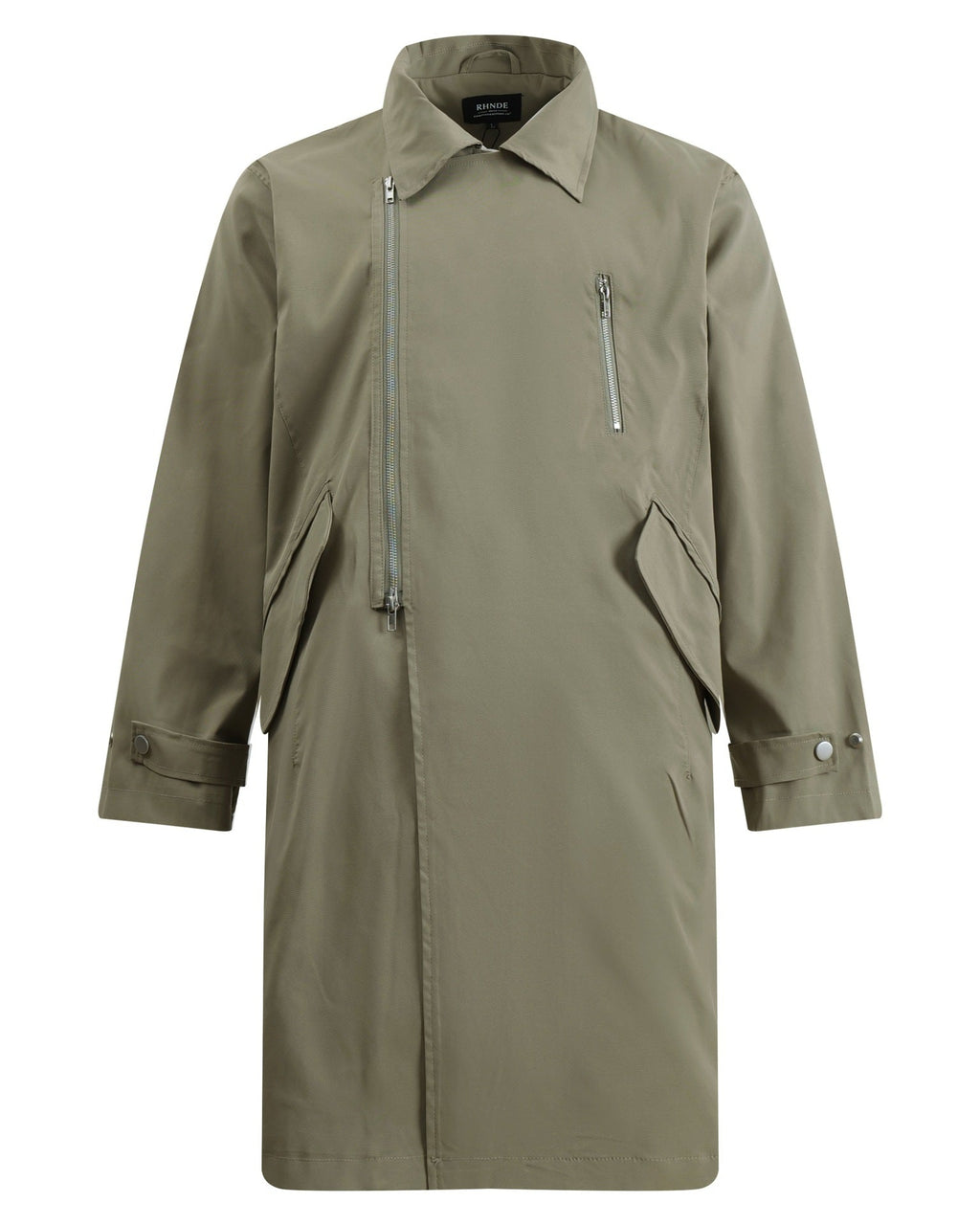 Discover the Teddy Blaze green asymmetric zip trench coat. Featuring a bold diagonal front zipper, turn-down collar, structured flap pockets, and a relaxed longline silhouette, this piece delivers architectural edge for transitional weather.