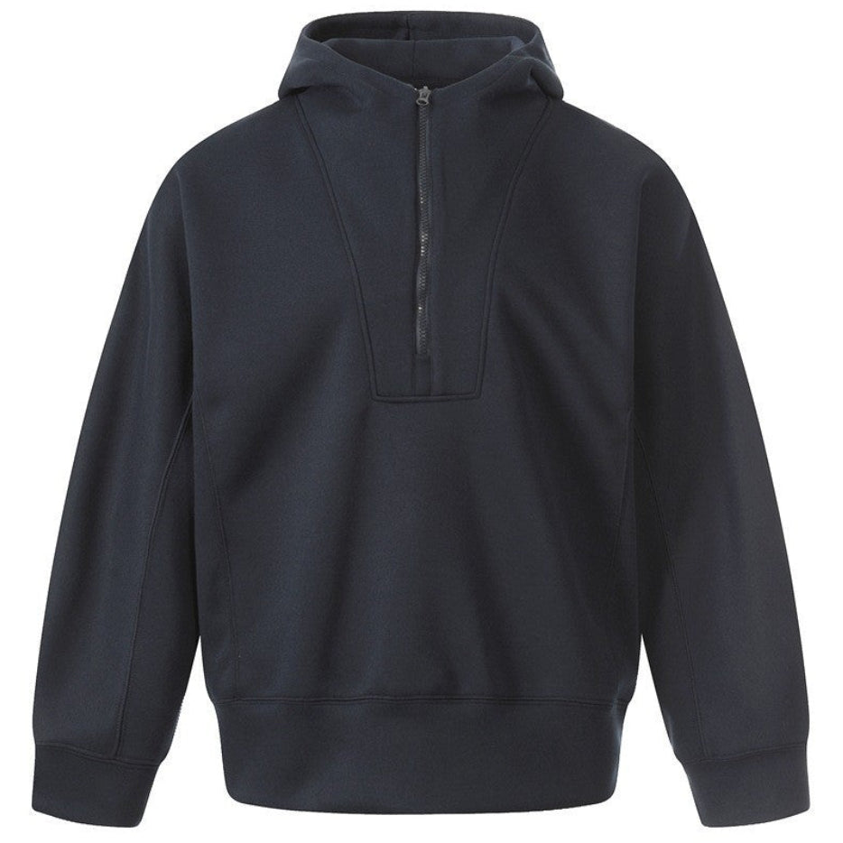 Shop the Iron + Ivy Quarter-Zip Hooded Stand Collar Pullover by Teddy Blaze. Heavyweight dark blue cotton-blend pullover featuring an elongated chest placket and integrated stand hood.