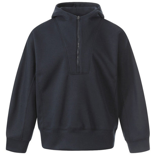 Shop the Iron + Ivy Quarter-Zip Hooded Stand Collar Pullover by Teddy Blaze. Heavyweight dark blue cotton-blend pullover featuring an elongated chest placket and integrated stand hood.