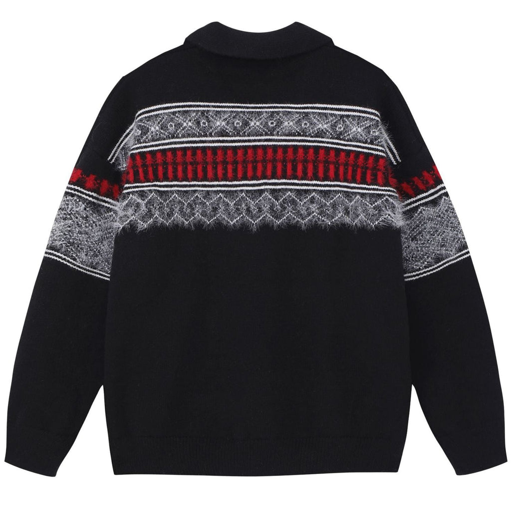 Shop the Iron + Ivy Nordic Brushed Yoke Polo Sweater by Teddy Blaze. Oversized black knit polo sweater featuring a plush mohair-textured Fair Isle chest yoke.