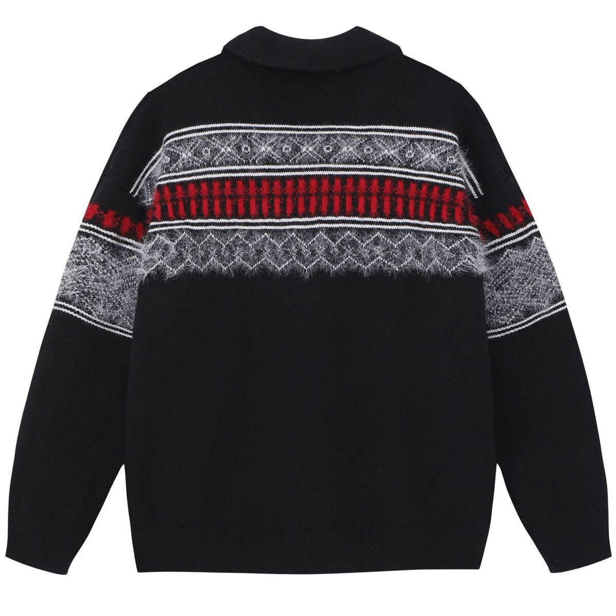 Shop the Iron + Ivy Nordic Brushed Yoke Polo Sweater by Teddy Blaze. Oversized black knit polo sweater featuring a plush mohair-textured Fair Isle chest yoke.