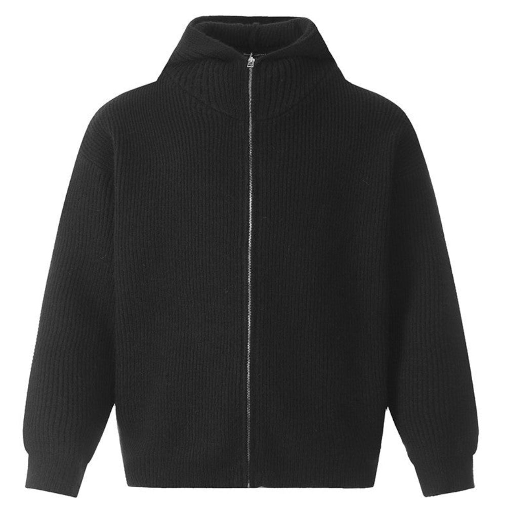 Shop the Iron + Ivy High-Neck Ribbed Knit Full-Zip Hoodie by Teddy Blaze. Heavyweight dark charcoal and jet black ribbed acrylic knit hoodie with a full-zip stand collar.