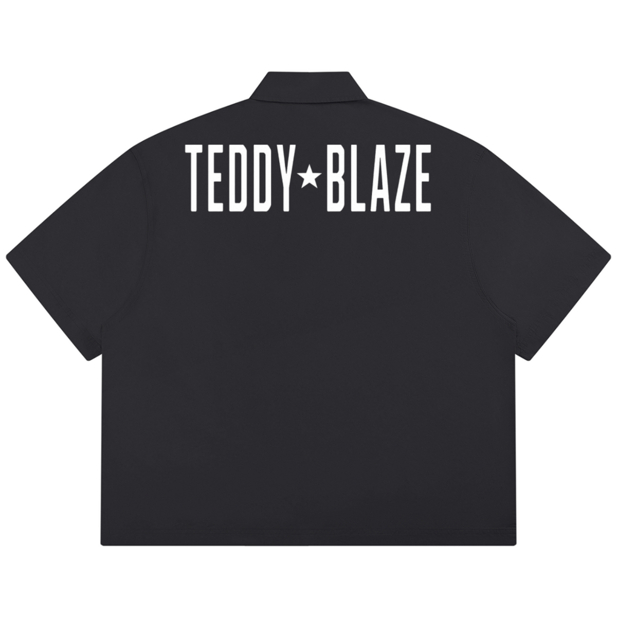Elevate your warm-weather wardrobe with the House of Teddy Blaze Statement Box Cut Cotton Camp Shirt. Sky blue 140 gsm pure cotton, point collar, button front, and bold star block typography. Shop NYC to Vegas style.