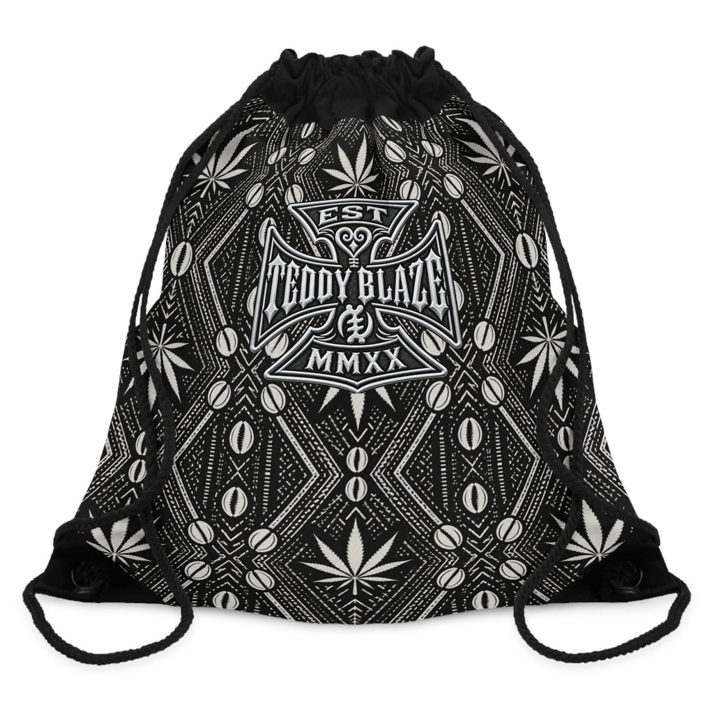 Carry DaChek™ with The Backpacker, Teddy Blaze's black-and-white drawstring backpack featuring African-inspired patternwork, lined storage and an interior zip pocket.