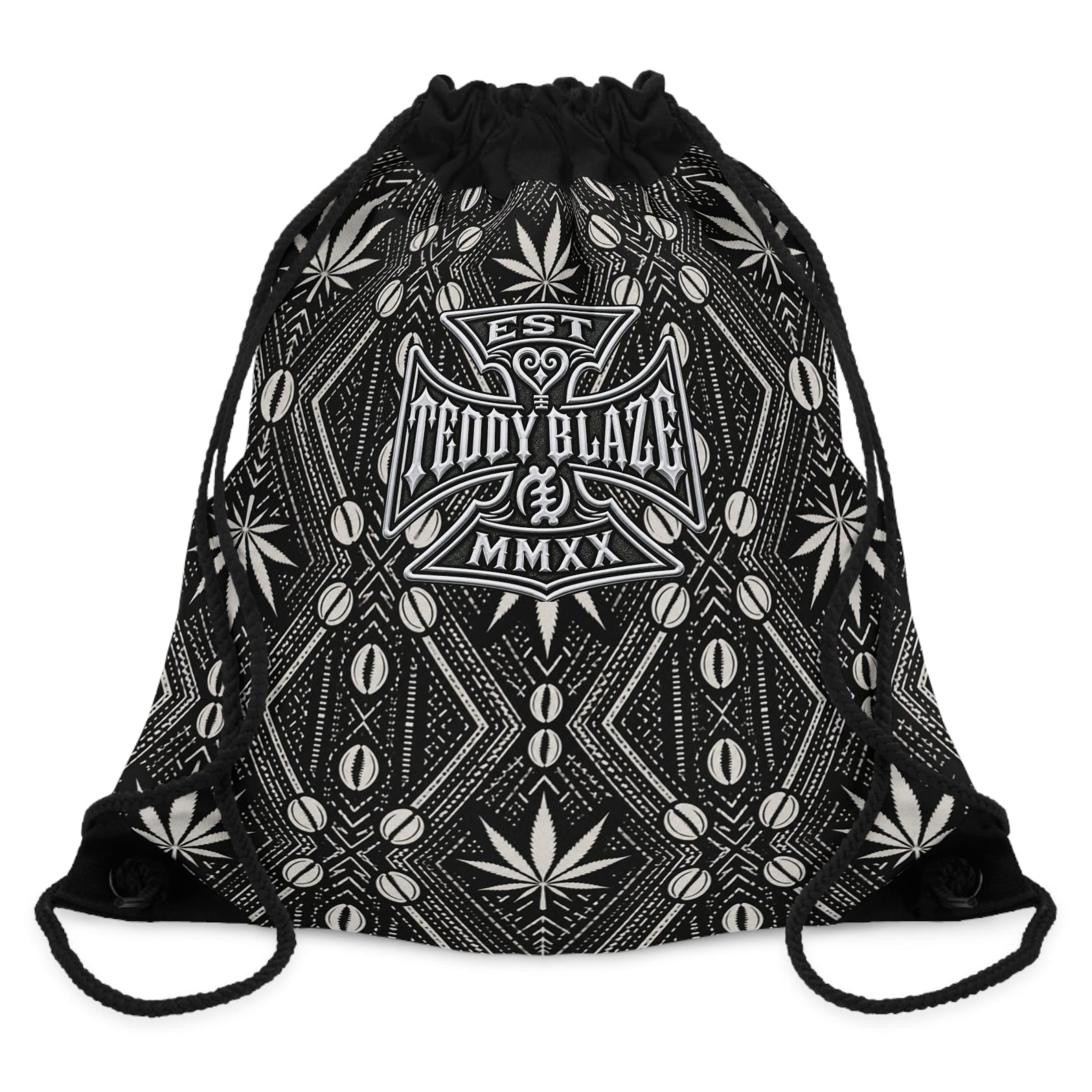 Carry DaChek™ with The Backpacker, Teddy Blaze's black-and-white drawstring backpack featuring African-inspired patternwork, lined storage and an interior zip pocket.