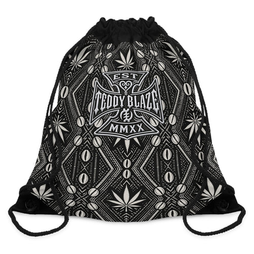 Carry DaChek™ with The Backpacker, Teddy Blaze's black-and-white drawstring backpack featuring African-inspired patternwork, lined storage and an interior zip pocket.