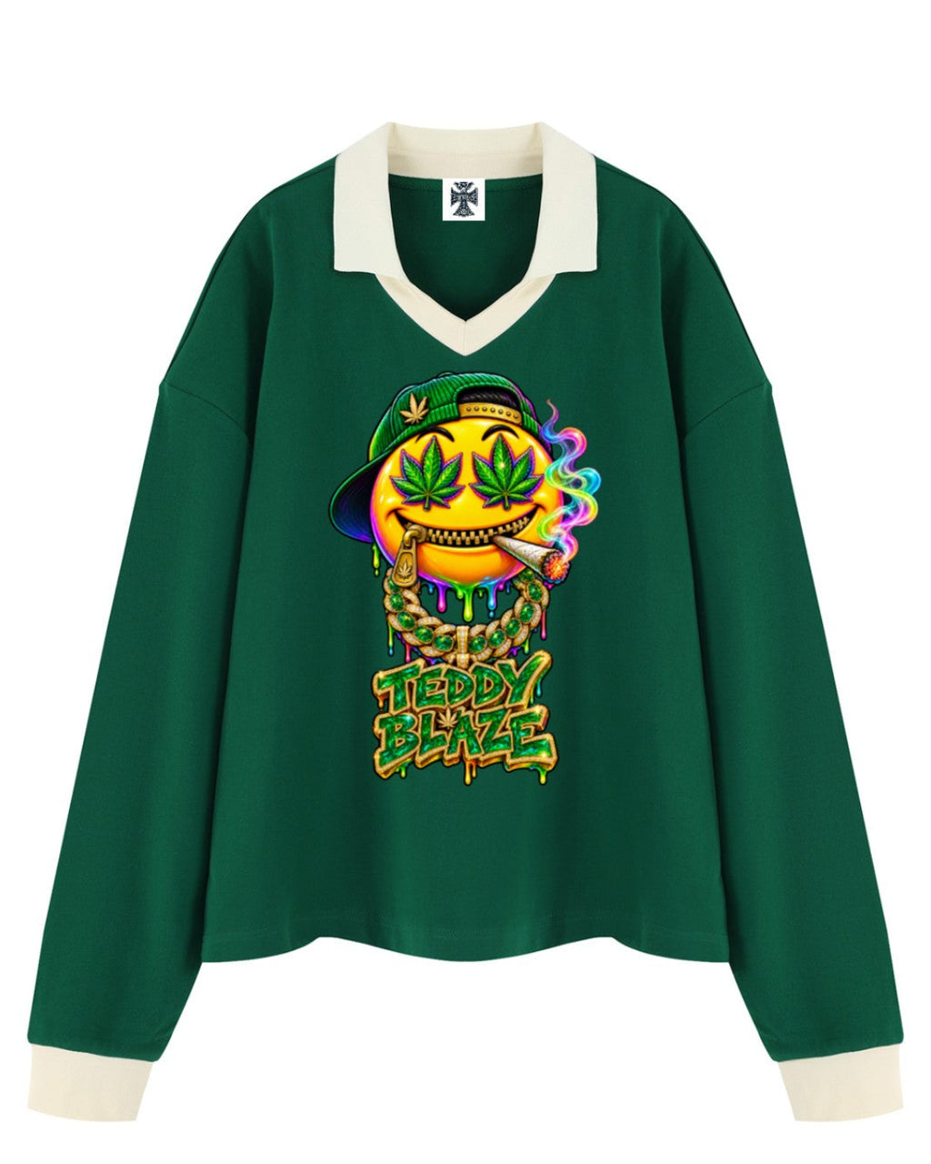Shop the Iron + Ivy Bakey Face Contrast Trim Long Polo by Teddy Blaze. Heavyweight 320 GSM forest green cotton-poly long-sleeve polo featuring a vibrant melting smiley face graphic and cream contrast collar.