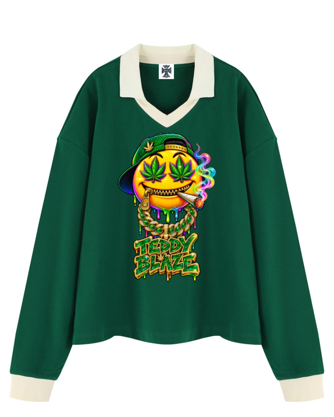 Shop the Iron + Ivy Bakey Face Contrast Trim Long Polo by Teddy Blaze. Heavyweight 320 GSM forest green cotton-poly long-sleeve polo featuring a vibrant melting smiley face graphic and cream contrast collar.