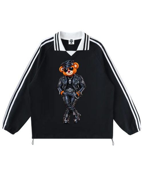 Shop the Iron + Ivy Biker Blaze Contrast Trim Long Cotton Polo by Teddy Blaze. Heavyweight 380 GSM black cotton polo with biker bear chest graphic and golf bear back logo.