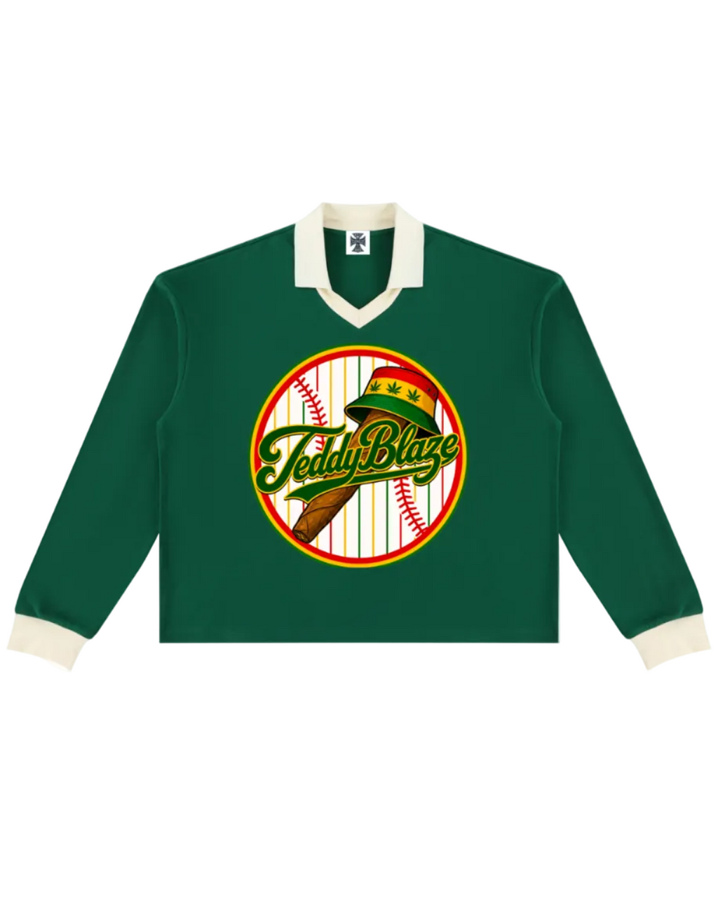 Shop the Iron + Ivy Blunt Bombers Contrast Trim Long Polo by Teddy Blaze. Heavyweight 320 GSM forest green cotton-poly long-sleeve polo with cream contrast collar, cuffs, and baseball graphic.