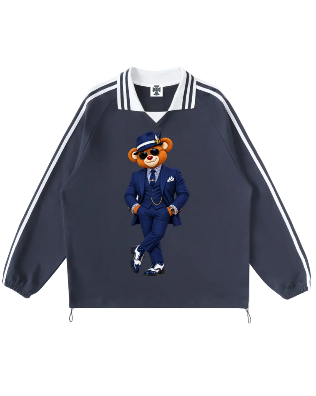 Shop the Iron + Ivy Boss Blaze Contrast Trim Long Cotton Polo by Teddy Blaze. Heavyweight 380 GSM navy cotton long-sleeve polo with Boss Bear chest graphic and golf bear back logo.