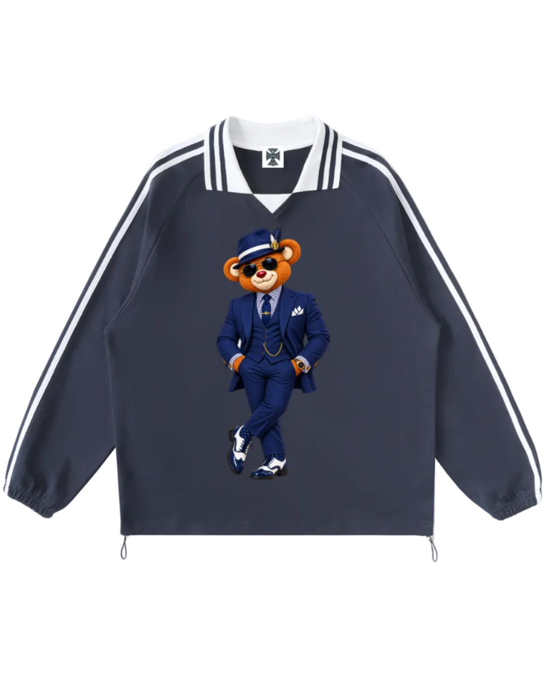 Shop the Iron + Ivy Boss Blaze Contrast Trim Long Cotton Polo by Teddy Blaze. Heavyweight 380 GSM navy cotton long-sleeve polo with Boss Bear chest graphic and golf bear back logo.