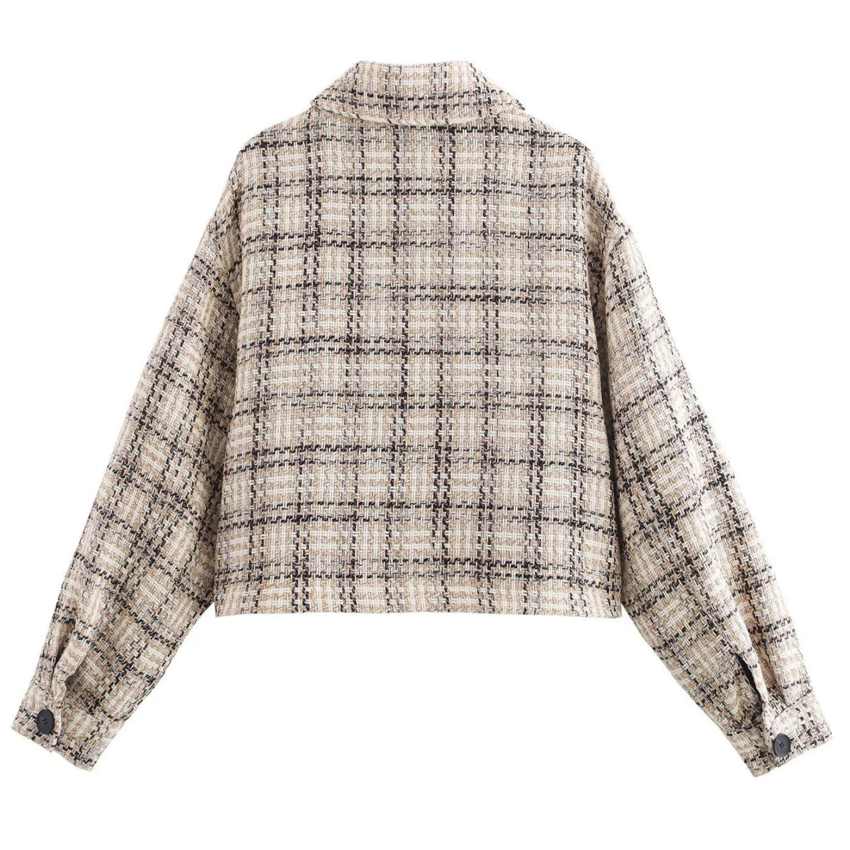 Shop the Iron + Ivy Cropped Tweed Plaid Boxy Jacket by Teddy Blaze. Women’s oversized beige plaid tweed jacket with a turn-down collar and horn button closures.