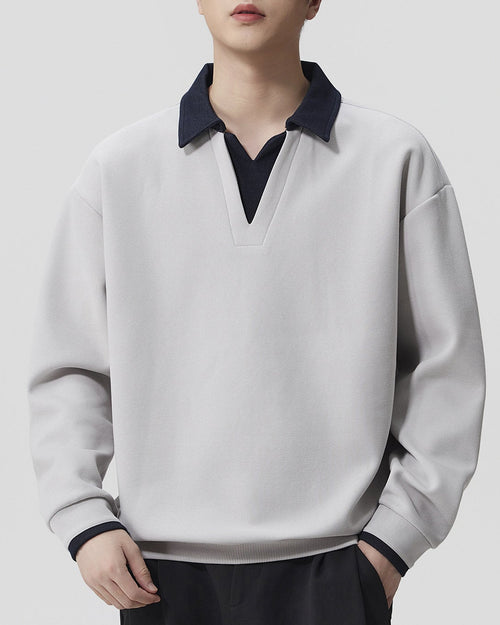 Fake Two-Piece Denim-Collar Pullover