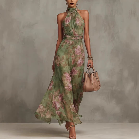 Floral Graffiti Halter Maxi Dress