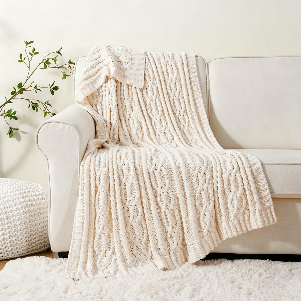 Shop the Iron + Ivy Cable Knit Chunky Throw Blanket by Teddy Blaze. Premium off-white cable knit throw blanket engineered for all-season luxury lounging.