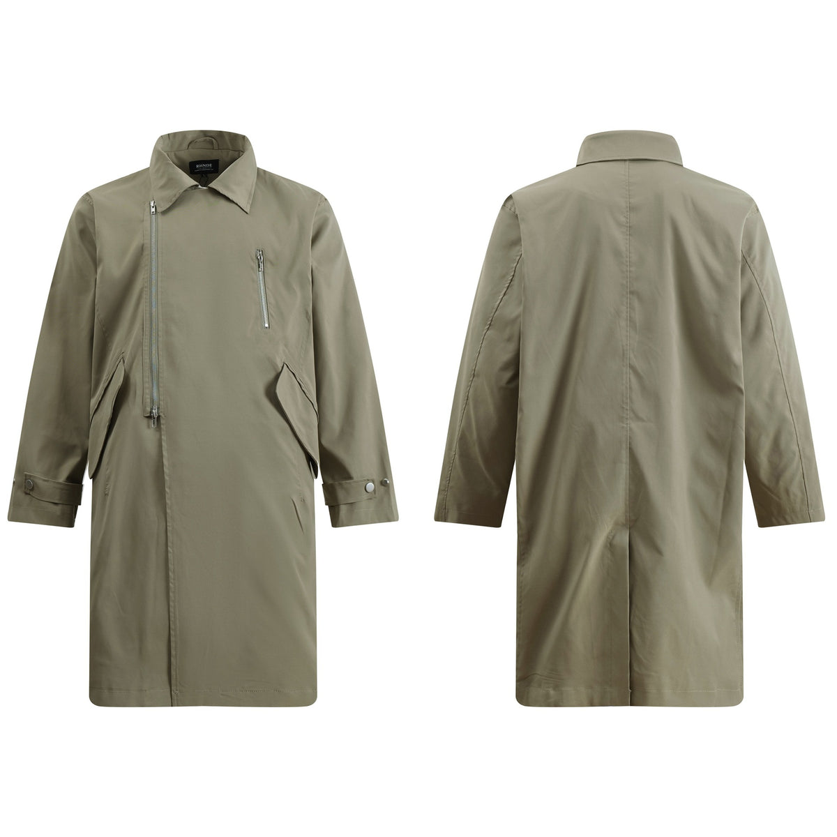 Discover the Teddy Blaze green asymmetric zip trench coat. Featuring a bold diagonal front zipper, turn-down collar, structured flap pockets, and a relaxed longline silhouette, this piece delivers architectural edge for transitional weather.