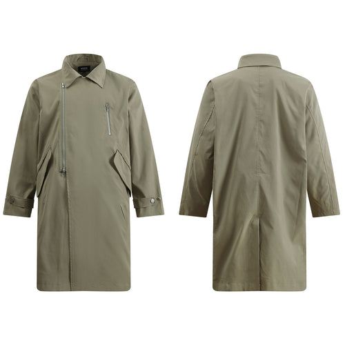 Discover the Teddy Blaze green asymmetric zip trench coat. Featuring a bold diagonal front zipper, turn-down collar, structured flap pockets, and a relaxed longline silhouette, this piece delivers architectural edge for transitional weather.