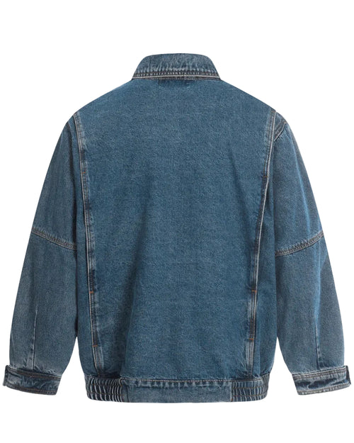 Shop the Iron + Ivy Washed Denim Stand Collar Bomber Jacket by Teddy Blaze. Relaxed-fit 100% cotton washed blue denim jacket featuring a structured stand collar, button placket, and dual front utility pockets.