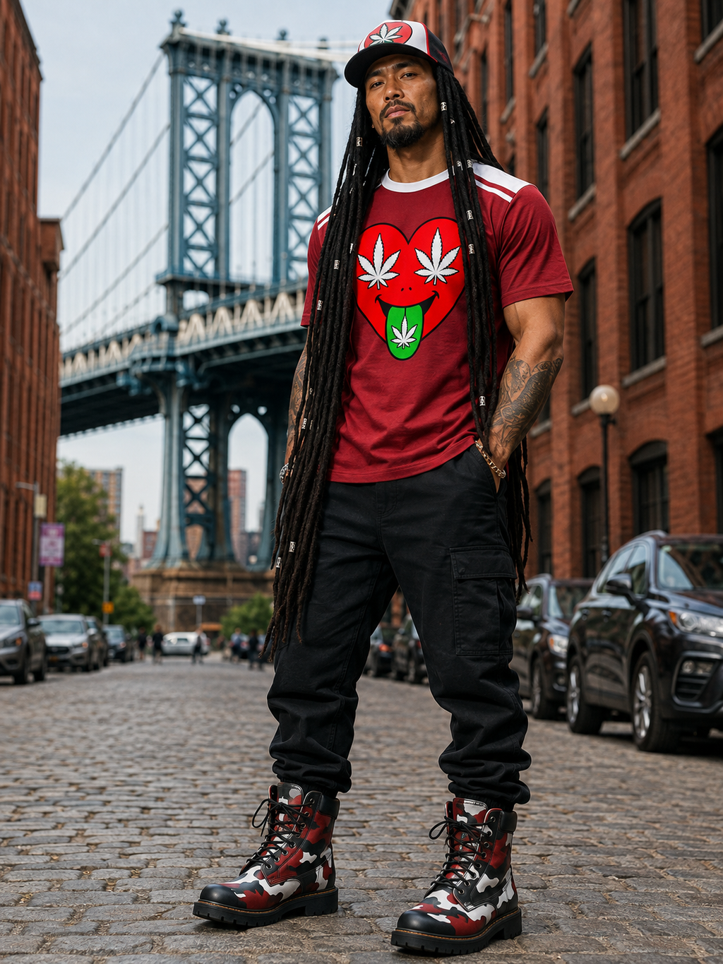 A man stands on a cobblestone street in front of the Manhattan Bridge, wearing a red graphic t-shirt with a red heart and white cannabis leaf design, black cargo pants, and red/black/white camouflage combat boots.