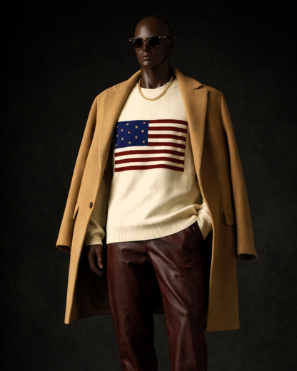 Studded Star Detail Flag Jacquard Knit Pullover Sweater