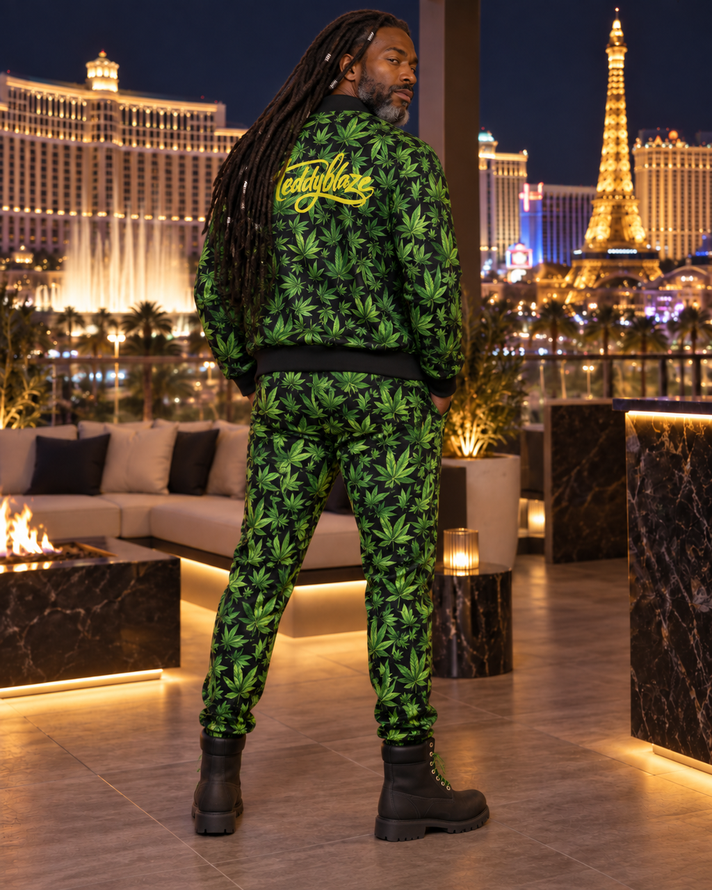 Shop the Canna Camo Tracksuit by Teddy Blaze. Recycled poly-spandex two-piece track set with botanical camo & gold back script from HEAT BY TEDDY BLAZE.