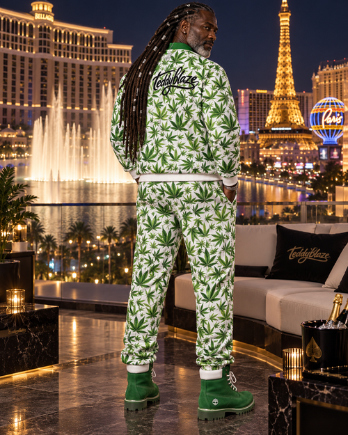 Shop the Ivory Kush Tracksuit by Teddy Blaze. Recycled poly-spandex white & green botanical two-piece track set from HEAT BY TEDDY BLAZE.