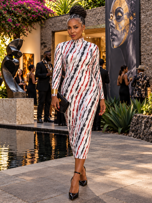 A woman walks outdoors near a pool wearing a fitted midi dress with a white base and diagonal black and red striped pattern. She is holding a black clutch and wearing black pointed heels.