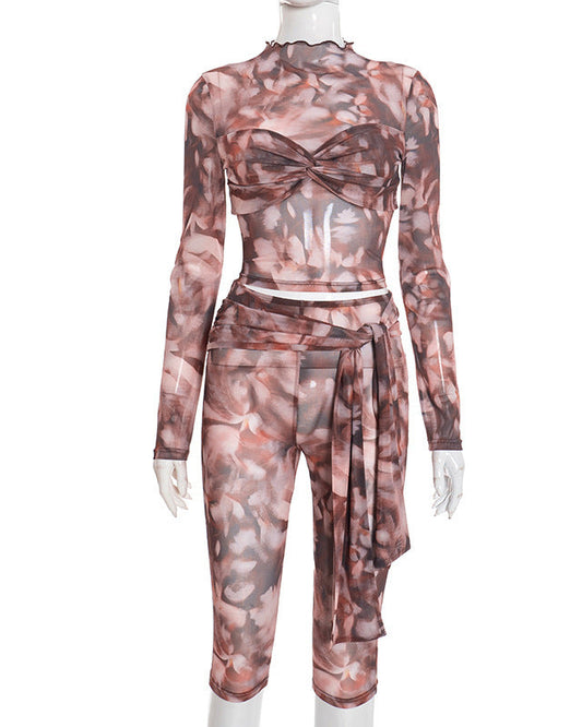 Abstract Print Mesh Paneled Long Sleeve Pullover Capri Pants Set