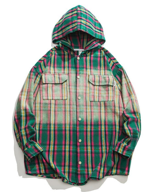Faded Plaid Hooded Long Sleeve Button Down Shirt
