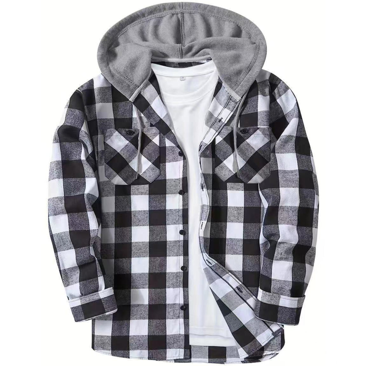 Shop the Iron + Ivy Buffalo Plaid Hooded Flannel Shirt by Teddy Blaze. Heavyweight cotton buffalo check button-down featuring an integrated contrast grey fleece hood and dual flap chest pockets.