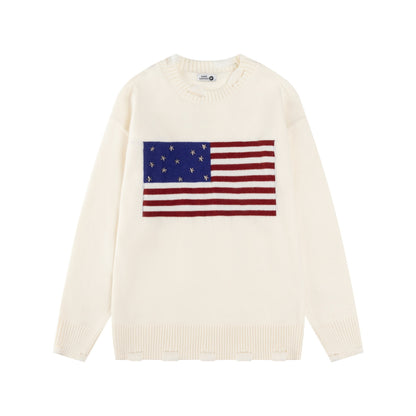 Studded Star Detail Flag Jacquard Knit Pullover Sweater