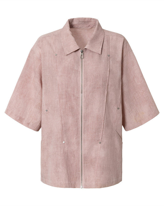 Tie Dye Liu Ding Pleated Short Sleeve Zip Up Shirt