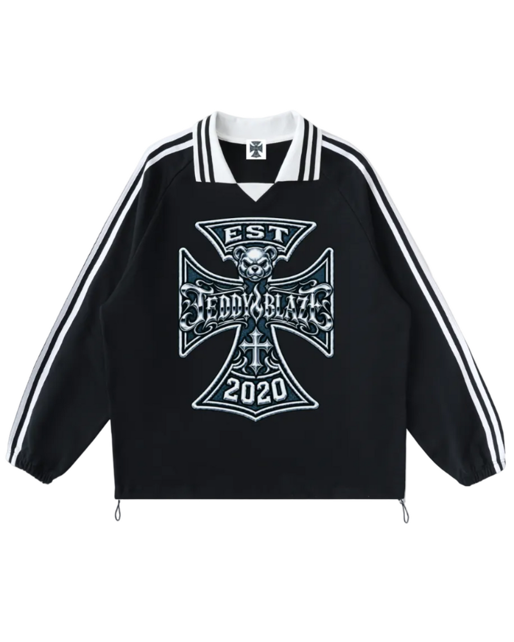 Shop the Iron + Ivy DaCruz Contrast Trim Long Cotton Polo by Teddy Blaze. Heavyweight 380 GSM black cotton polo featuring an gothic Iron Cross bear graphic and cinch drawstring hem.
