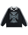 Shop the Iron + Ivy DaCruz Contrast Trim Long Cotton Polo by Teddy Blaze. Heavyweight 380 GSM black cotton polo featuring an gothic Iron Cross bear graphic and cinch drawstring hem.