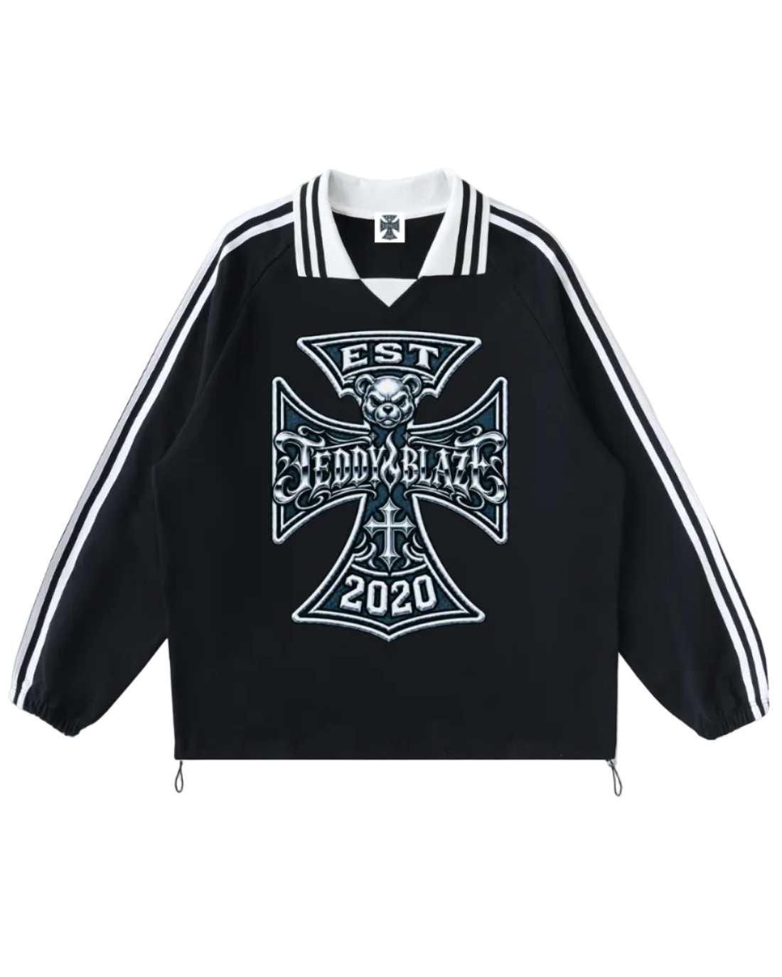 Shop the Iron + Ivy DaCruz Contrast Trim Long Cotton Polo by Teddy Blaze. Heavyweight 380 GSM black cotton polo featuring an gothic Iron Cross bear graphic and cinch drawstring hem.