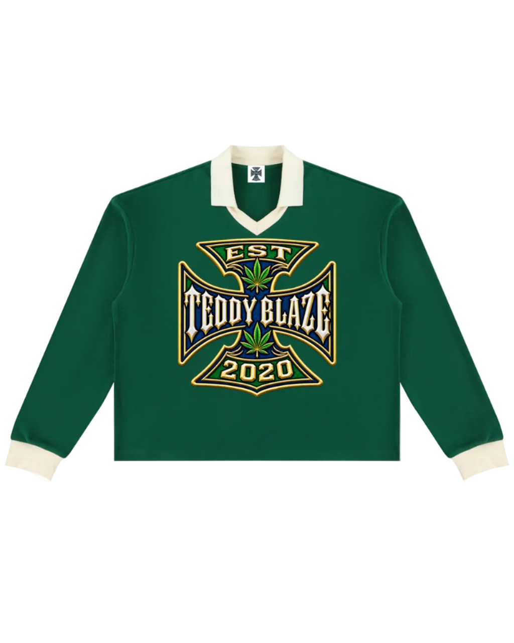 Shop the Iron + Ivy DaCruz Contrast Trim Long Polo by Teddy Blaze. Heavyweight 320 GSM forest green cotton-poly long-sleeve polo with cream contrast collar, cuffs, and heraldic Iron Cross graphic.