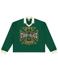 Shop the Iron + Ivy DaCruz Contrast Trim Long Polo by Teddy Blaze. Heavyweight 320 GSM forest green cotton-poly long-sleeve polo with cream contrast collar, cuffs, and heraldic Iron Cross graphic.
